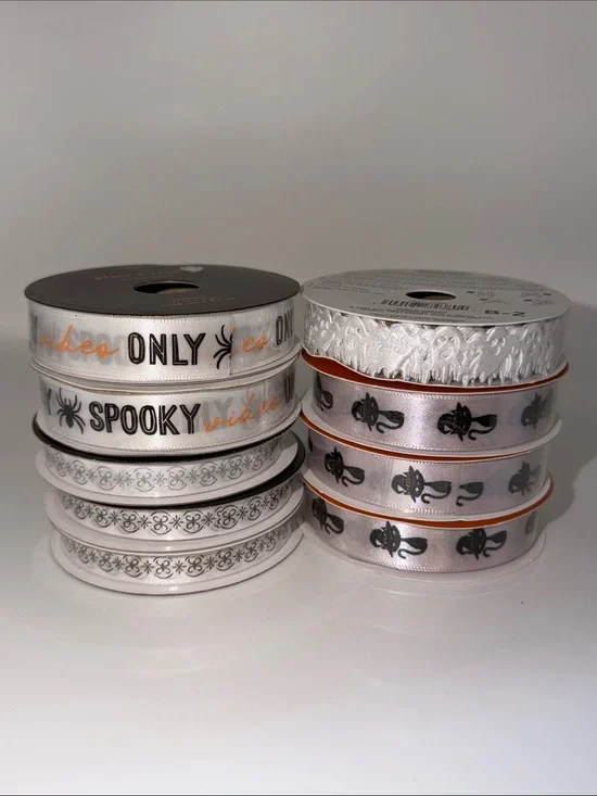 Halloween Wired Ribbon Spool Bundle Lot Spooky Vibes Black Cat Craft Destash