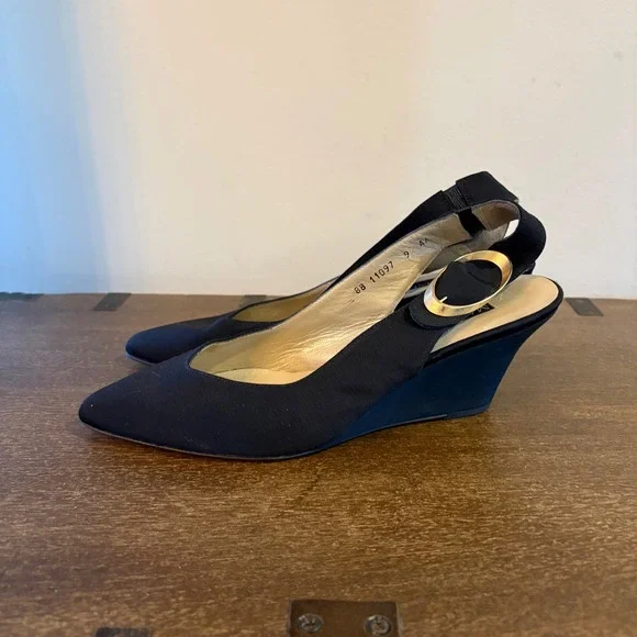 Martinez Valero Black‎ Ribbed Fabric Wedge Slingback Pumps Gold Buckle 9 AA