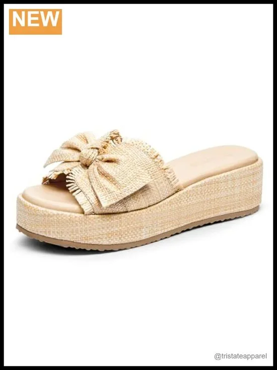 Women's Raffia Platform Wedge Sandals Bow Open Toe Slide Espadrilles