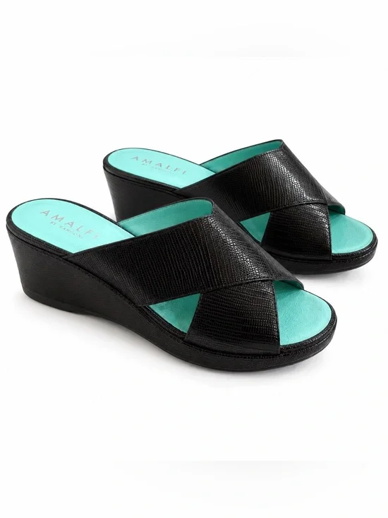 Amalfi by Rangoni Italy Leather Comfort Wedge Slide Sandals Black 7.5