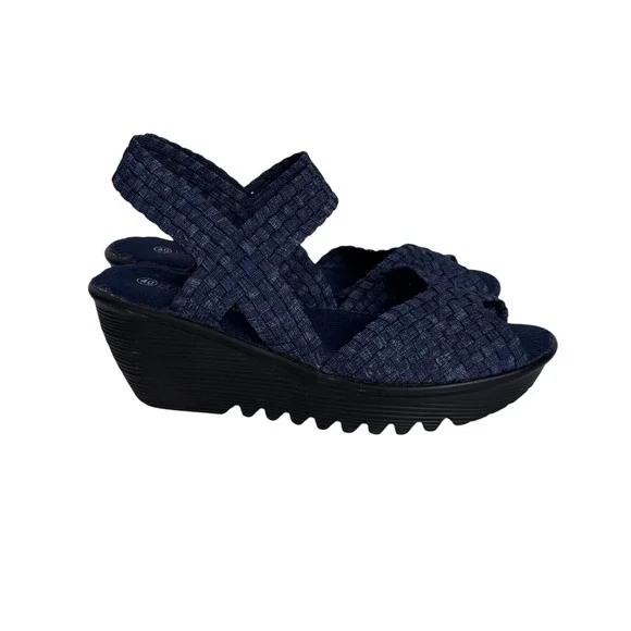 Bernie Mev Womens Lulia Navy Blue Woven Elastic Wedge Sandals Size 40 EU 9 US