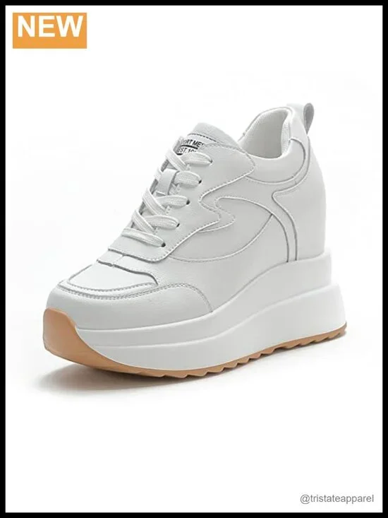 Women's Leather Wedge Sneakers High Heel Platform Lace Up Chunky