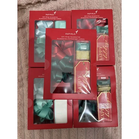 5 Boxes‎ Christmas Gift Wrapping Accessories Tags Ribbons Bows Papyrus Red Green