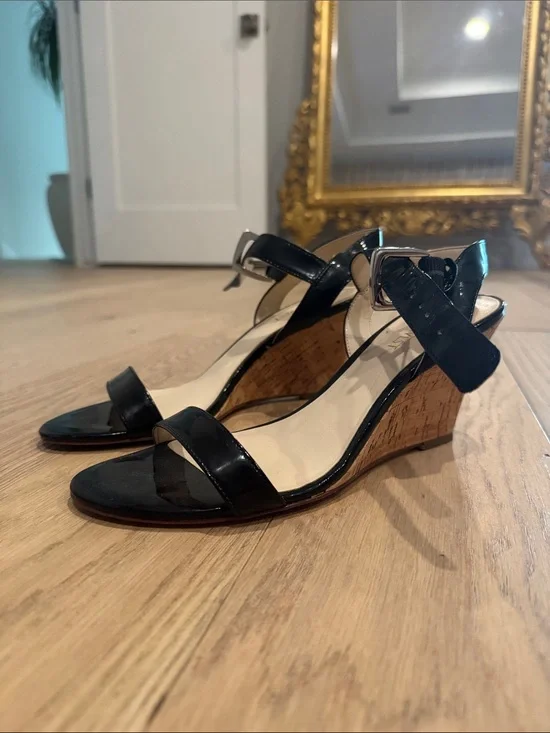 Nine West Black Patent Wedge Sandals with Cork-Look Heel