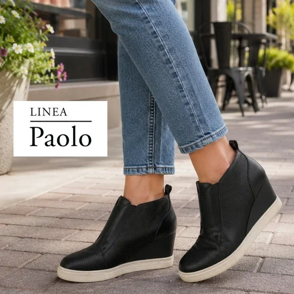 Linea Paolo, Felicia Black Perforated Leather Wedge Sneaker Booties Size 7.5