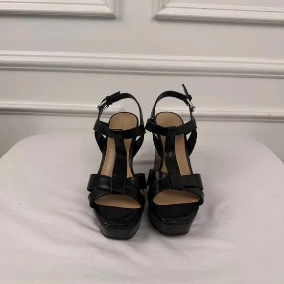 Nine West Womens Black T-Strap Platform Wedge Sandals WNKNEECE3-R Size 7M NEW