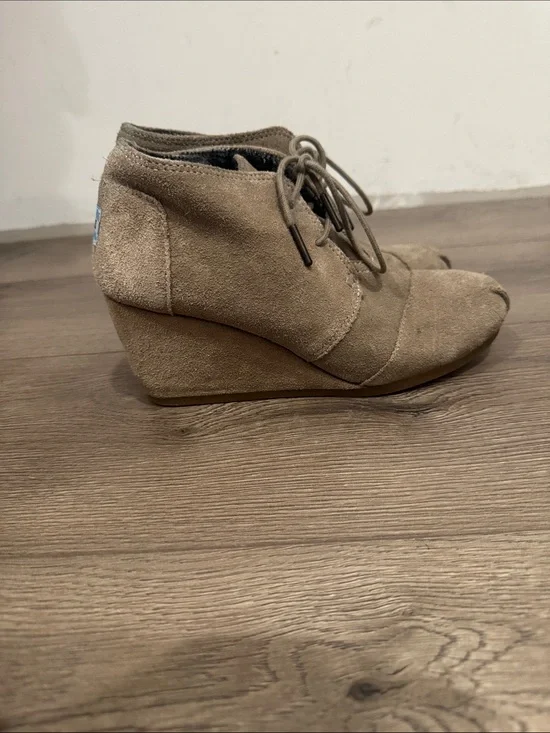 Toms Taupe Suede Lace-Up Wedge Booties