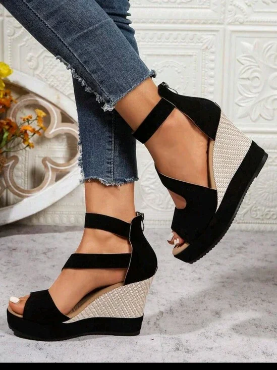 Women's Black Suede Ankle-Strap Wedge Sandals