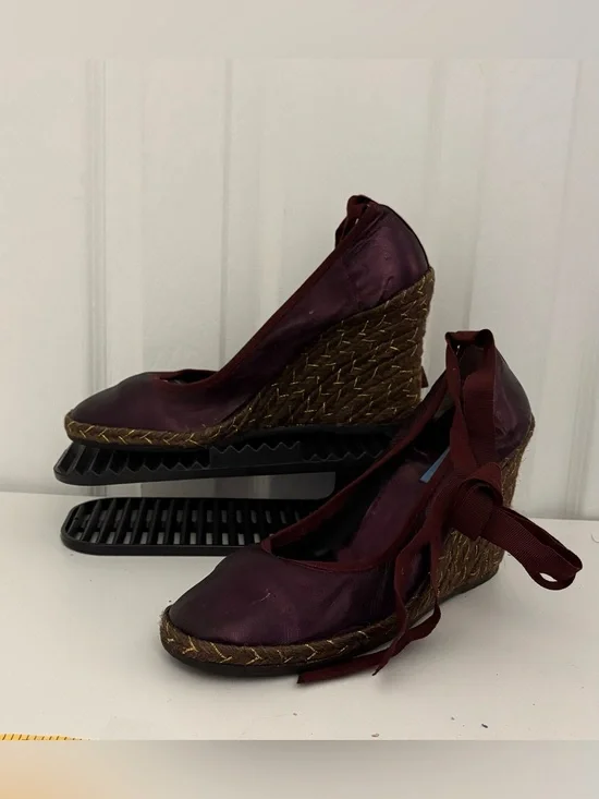 HOLLYWOULD CABANA, Burgundy Wedge Espadrille with Ribbon Ankle Wrap