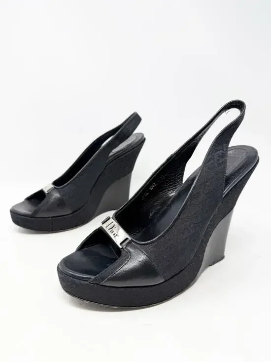 Christian Dior Monogram Slingback Wedge Sandals Black Womens Size EU 40