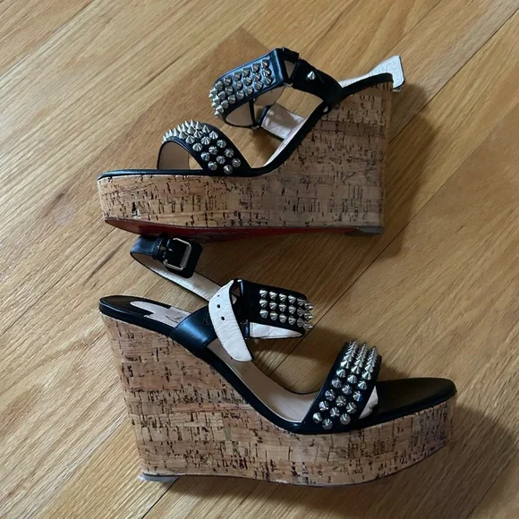 Christian Louboutin Black & Cork Studded Wedge Sandals