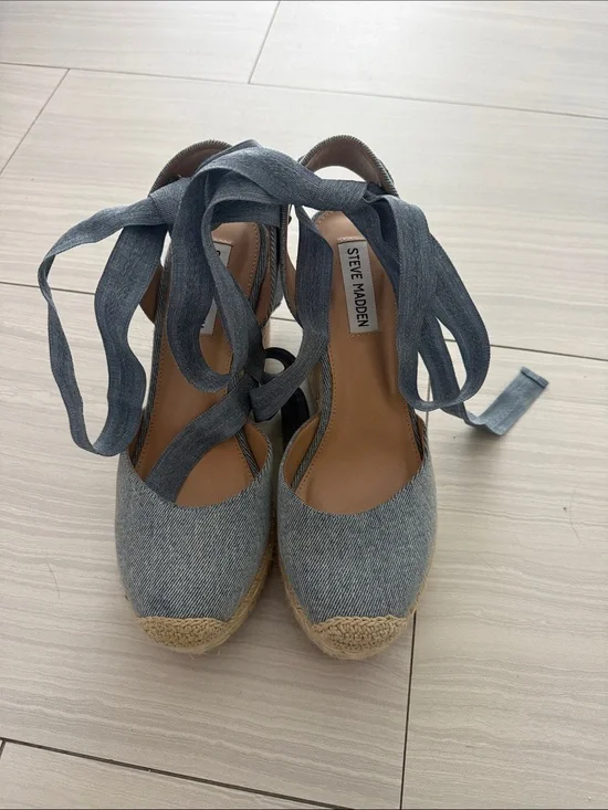 Steve Madden Denim Espadrille Wedge Sandals with Wrap Ties