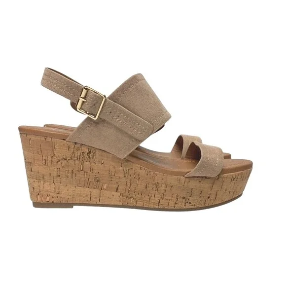 Arula Women's Suede Ankle Strap Platform Cork Wedge‎ Sandals Neutral Size 8