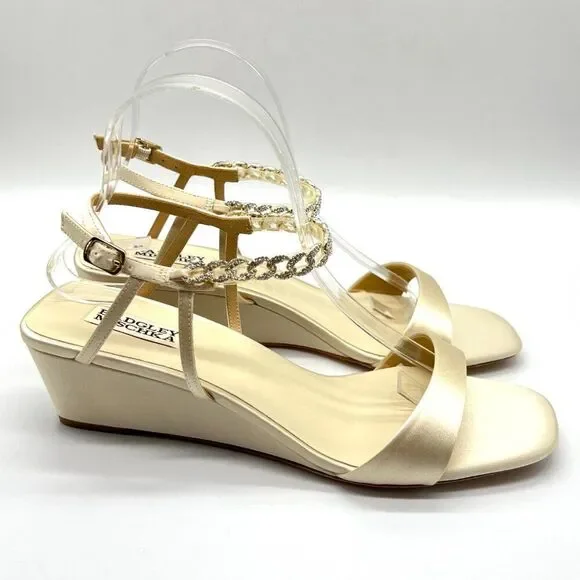 Badgley Mischka Size 9.5 Ivory Satin‎ Jeweled Wedges Dress Sandals Heels Shoes