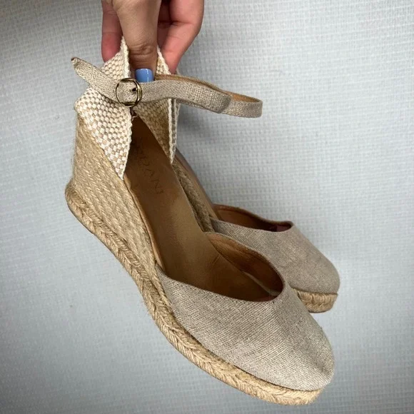 Cordani Womens Beige Linen Espadrille Wedge Sandals Ankle Strap Made in Spain 40