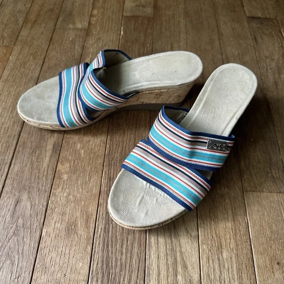 Anne Klein Wedge Sandals Size 7 Striped Sailor Chic Cork‎ Heel Summer