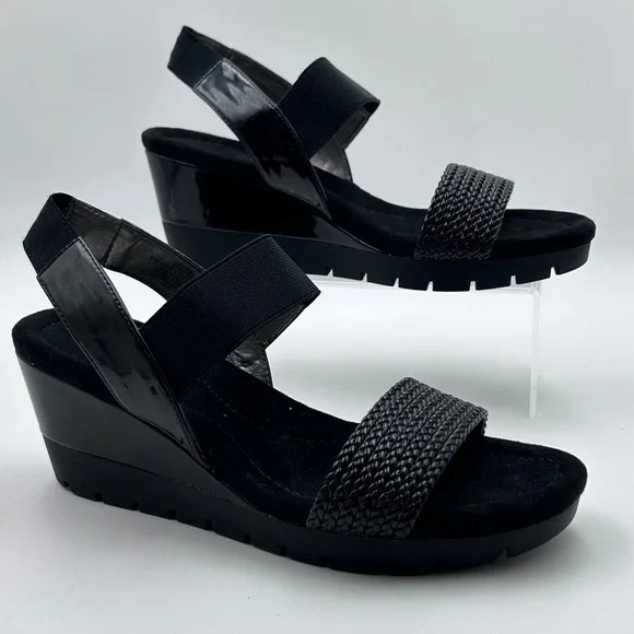 Bandolino Mateja Sandals Womens 9.5‎ Black Woven Patent Wedge Platform Lug Sole