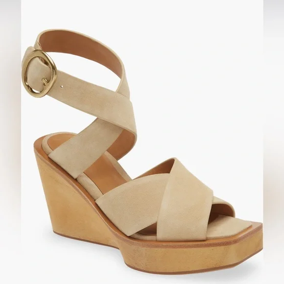 🆕 Rag & Bone Santiago Crisscross Wood Wedge Sandals Suede Neutral Classic Chic