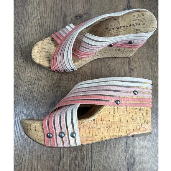 Lucky Brand Mykayla Pink Striped Cork Wedge Sandals Womens‎ 8M