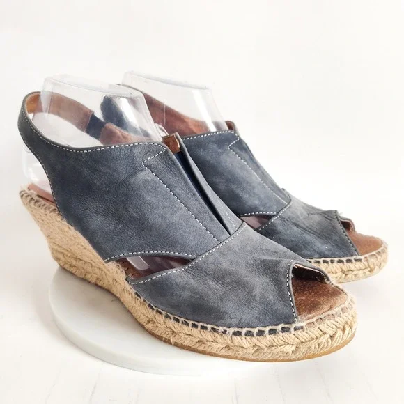 Kanna Espadrille Sandals 10 Wedge‎ Blue Leather Peep Toe Slingback Spain Cutouts