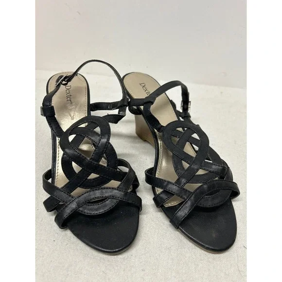 Vintage Dexter Women Black Wedge‎ Heeled Sandals 7M Braided Straps Ankle Strap