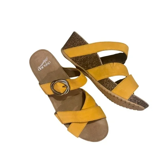 Dansko Susie Wedge Sandals 40‎ Mango Leather Cork Slide Buckle Strap