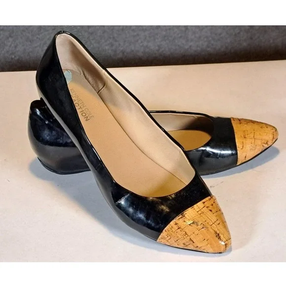 Kenneth Cole Reaction‎ In The Jeans Black Patent Cork Cap Toe Wedge Flats 8M