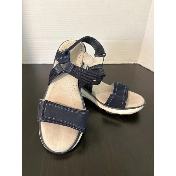 Jambu Women Wedge Sandals Size 6.5 Navy Blue Comfort Hook Loop Strap Memory Foam