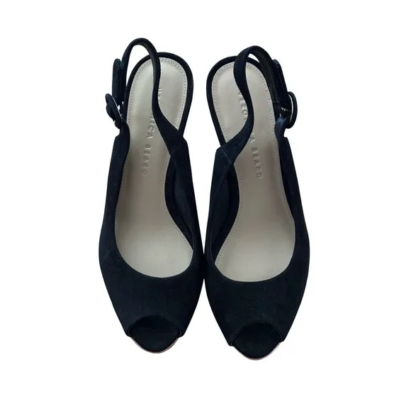 Veronica Beard Black Suede Cork Platform Slingback Peep Toe Wedge Sandals 7MNWOT