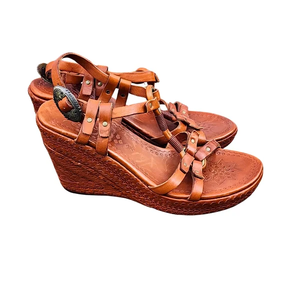 Ash‎ Women's Boho Artisan Embossed Wedge Sandals Cognac Brown Leather, Sz  38