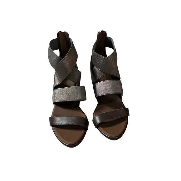 Chinese Laundry Womens 9.5 Metallic Elastic Wedge Sandals‎ Brown Silver Back Zip