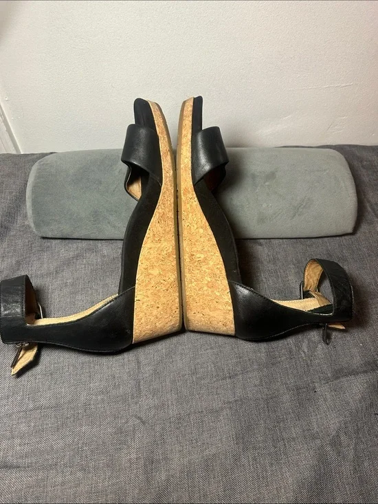 UGG Black Leather Cork Wedge Sandals