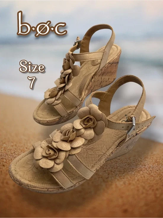 b.o.c. Born Concept Tan Leather Flower Cork Wedge Sandals Size 7