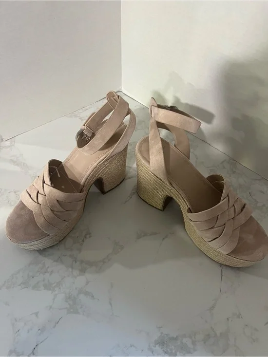 Marc Fisher Nude Blush Braided Suede Wedge Sandals with Ankle Strap