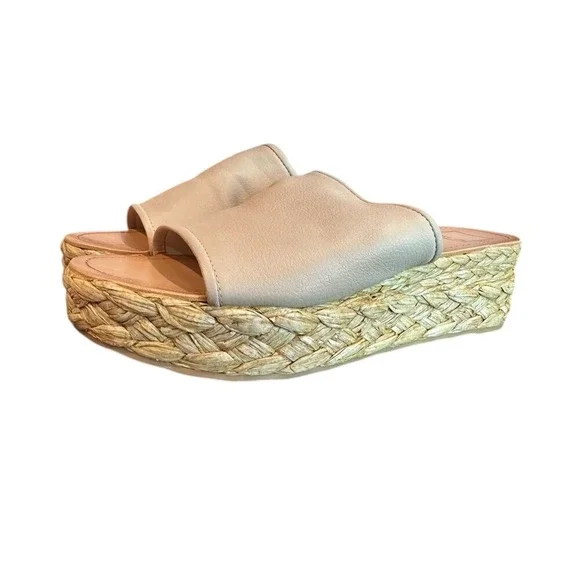 Dolce Vita Womens Leather‎ Platform Slide Espadrille Wedge Sandals Cream Tan