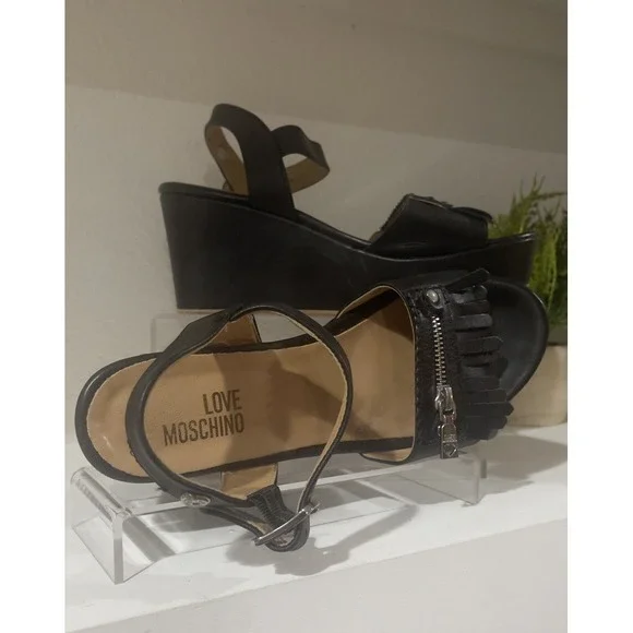 Moschino Love Black Leather Wedges Size 39 Made in Italy 3