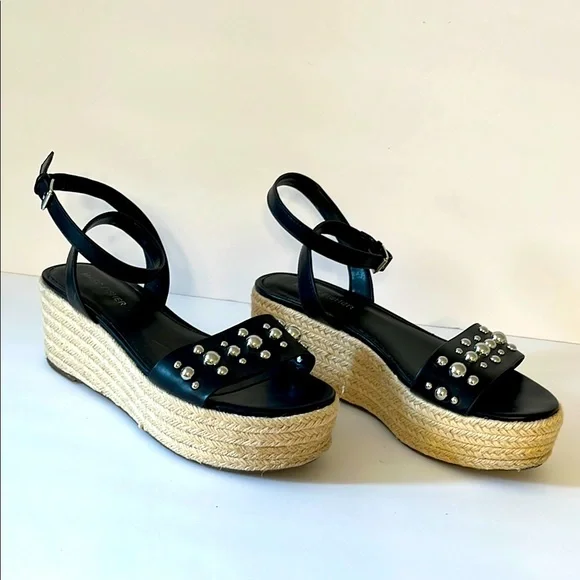 Marc Fisher Black Leather Ankle Strap Studded Wedge Sandals Sz‎ 7