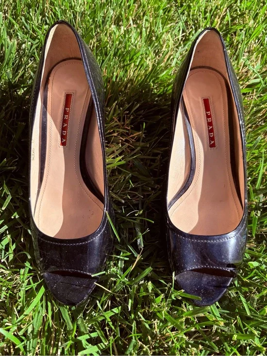 Prada Black Patent Leather Peep-Toe Pumps - Women's