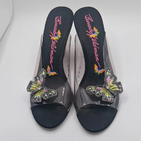 Beverly Feldman Black Slide Sandals with Multicolor Butterfly Appliqués