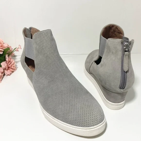 Linea Paolo AMANDA Grey Suede Perforated Elastic Gore Cut Out Wedge Sneakers