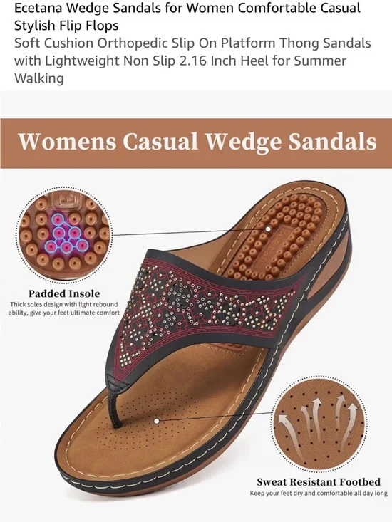 New Womens Casual Wedge Sandals - Red/Brown Wedge Thong