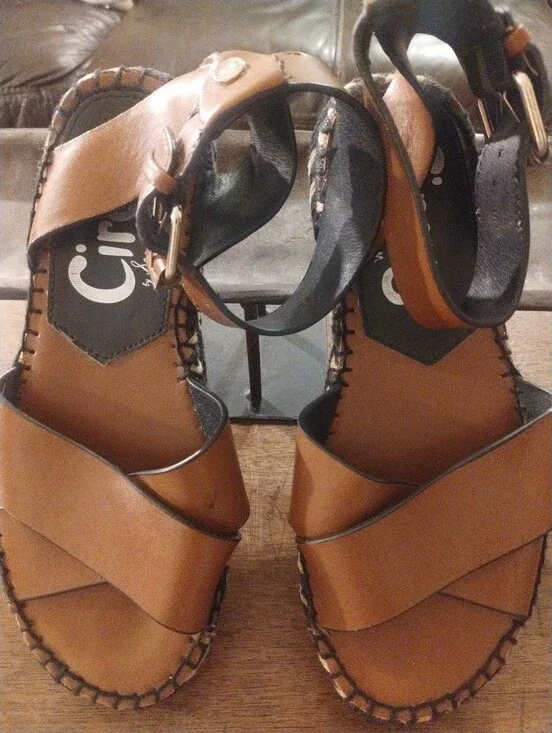 Sam Edelman Tan Brown Leather Wedge Sandals with Ankle Strap