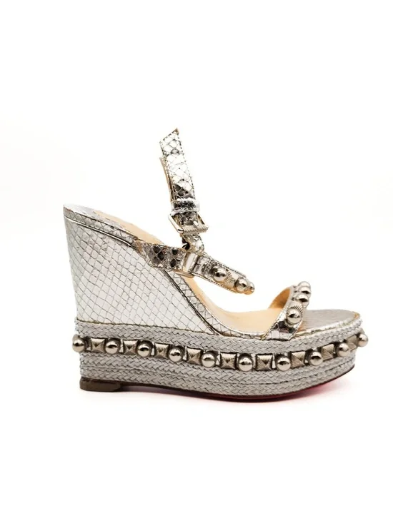 Christian Louboutin Metallic Silver Studded Espadrille Platform Sandals EU 36