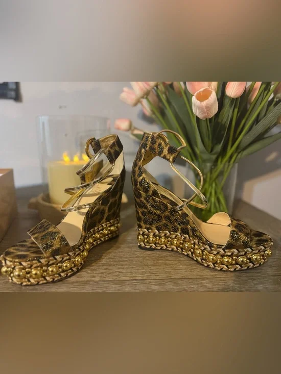 Christian Louboutin Leopard Print Wedge Sandals with Gold Accents