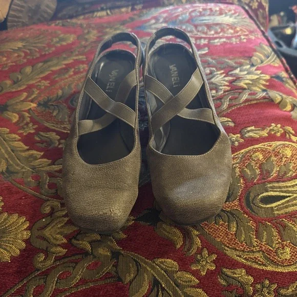 Van Eli Brown Leather Wedge Shoes 6.5 Elastic Cross Strap