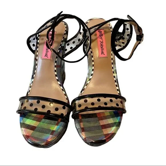 Betsey Johnson Glittery Black Polka Dot & Clear Acrylic Wedge Sandal in Sz 6.5