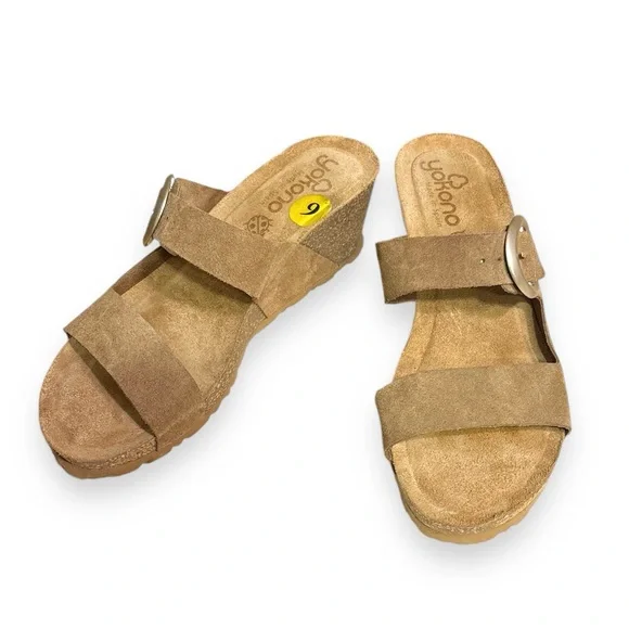 YOKONO Tan Suede Leather Two Strap Cork Wedge Sandals