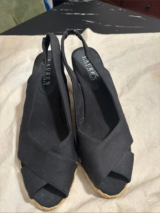 Lauren Ralph Lauren Black Canvas Peep-Toe Espadrille Wedges