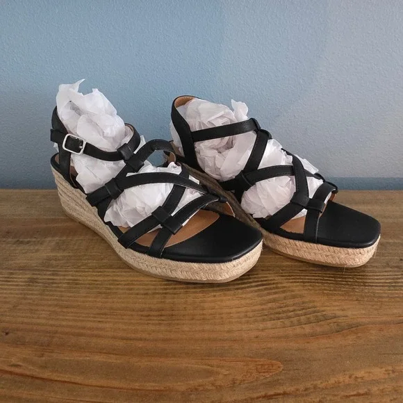 White‎ Mountain Womens Swayze Espadrille Wedge Sandal Black Strappy Buckle 6.5