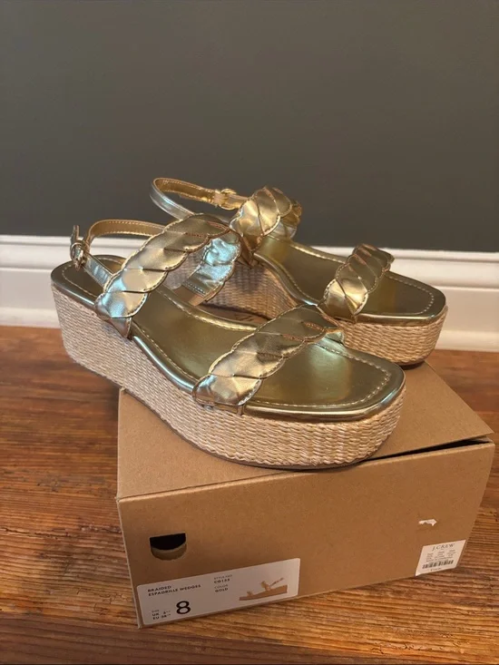 J. Crew Factory New Metallic Gold Braided Platform Espadrille Wedge Sandals